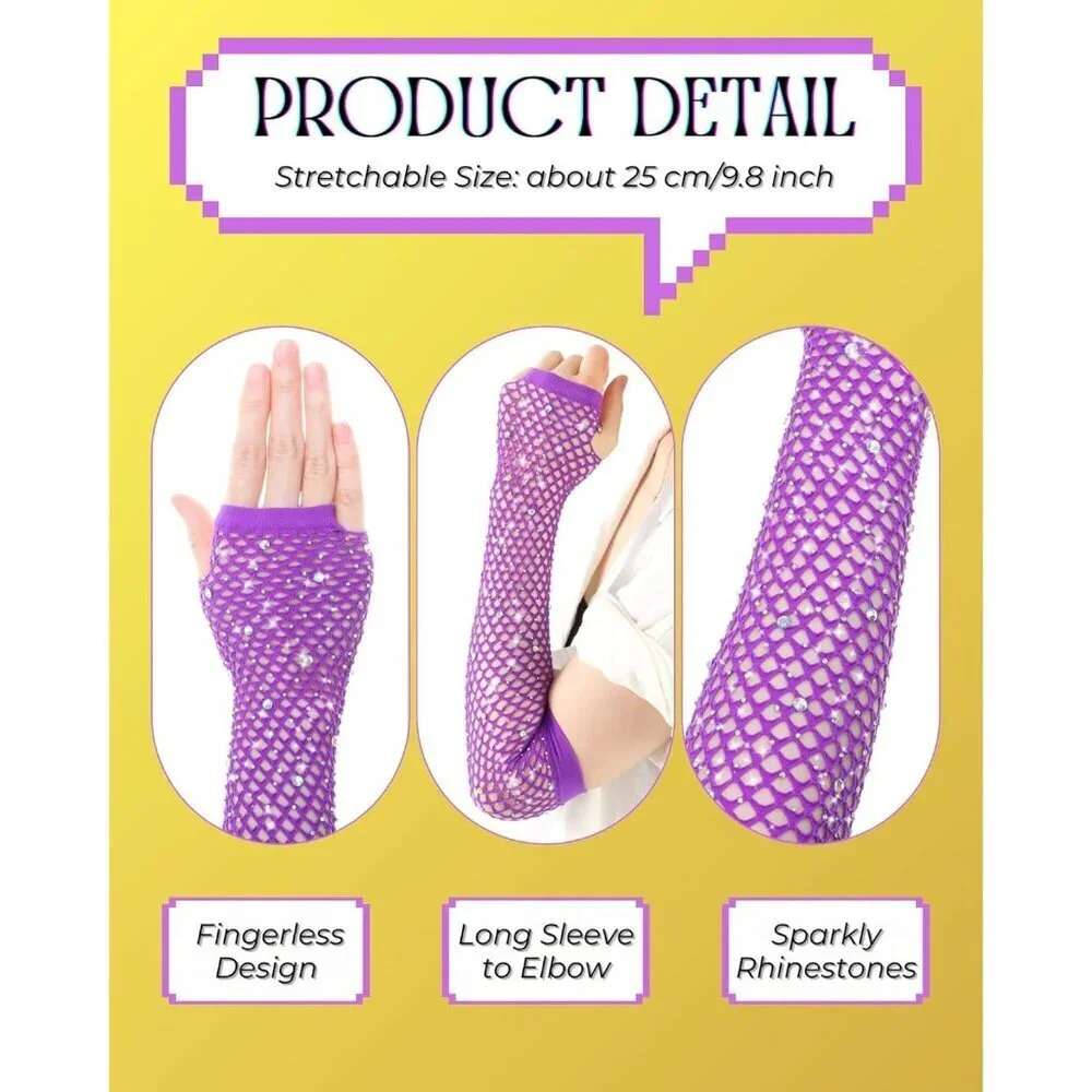 Women's Rhinestone Purple Sparkly Halloween Cosplay Fingerless Long Gloves